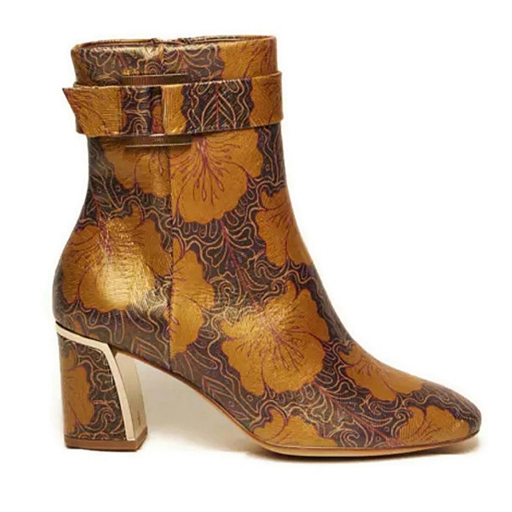 Hogl Floral Leather Ankle Booties with Gold Block Heel